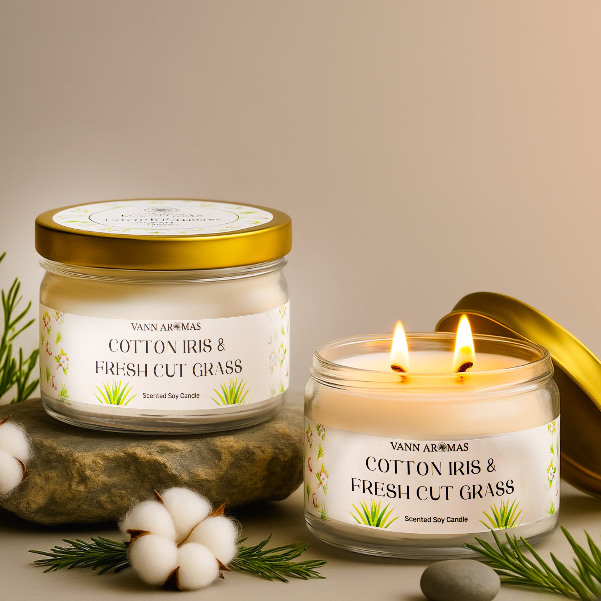 2-Wick Luxury Glass Jar Candle | Cotton Iris & Fresh Cut Grass | Double the Glow, Double the Ambience
