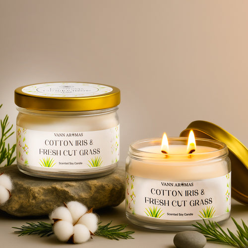 2-Wick Luxury Glass Jar Candle | Cotton Iris & Fresh Cut Grass | Double the Glow, Double the Ambience