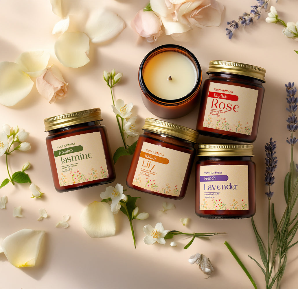 Amber Jar Soy Wax Candles – Pack of 4 (70g each) | English Rose | Arabian Jasmine | French Lavender | Italian lily