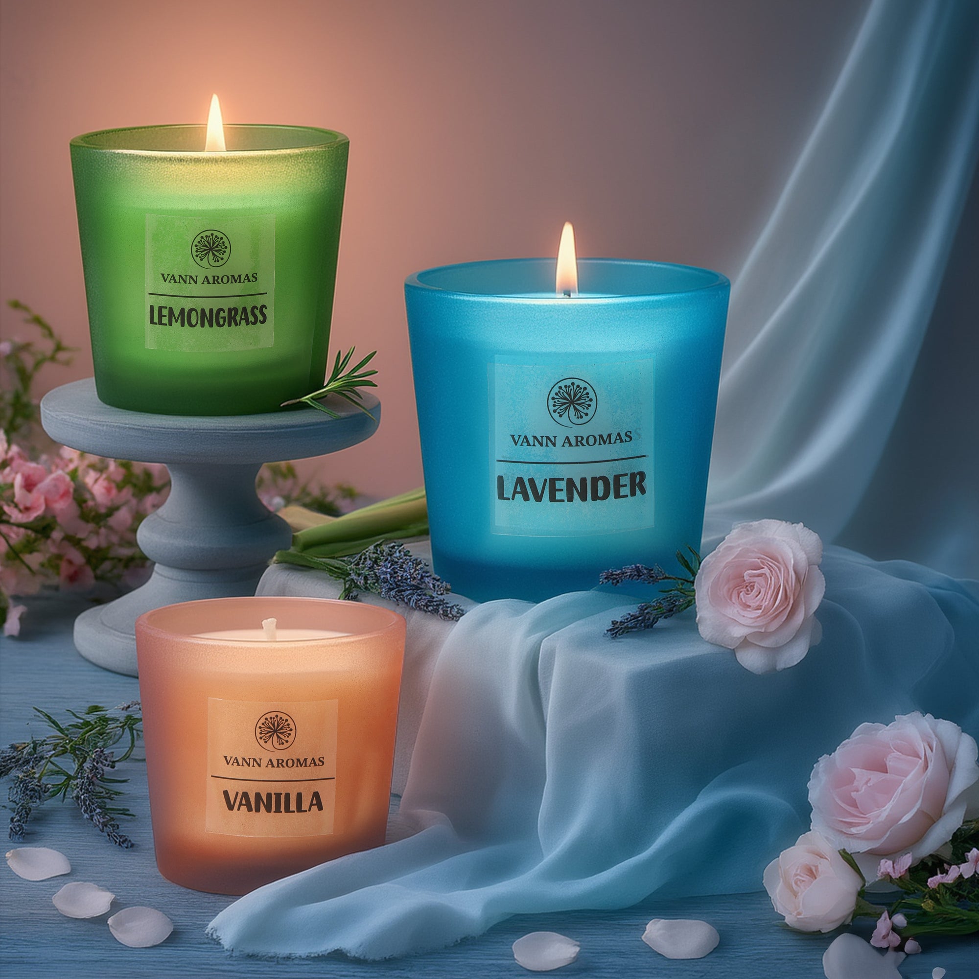 Set of 3 Candles: Rose, Vanilla, Lavender & Lemongrass Collection