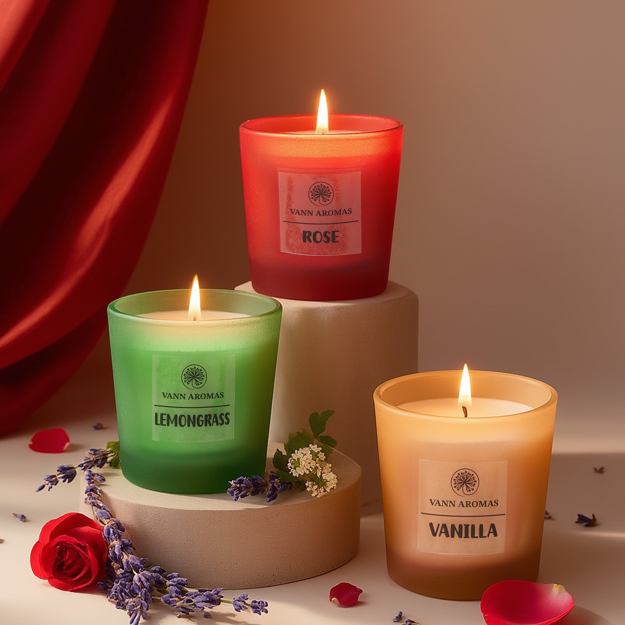 Set of 3 Candles: Rose, Vanilla, Lavender & Lemongrass Collection