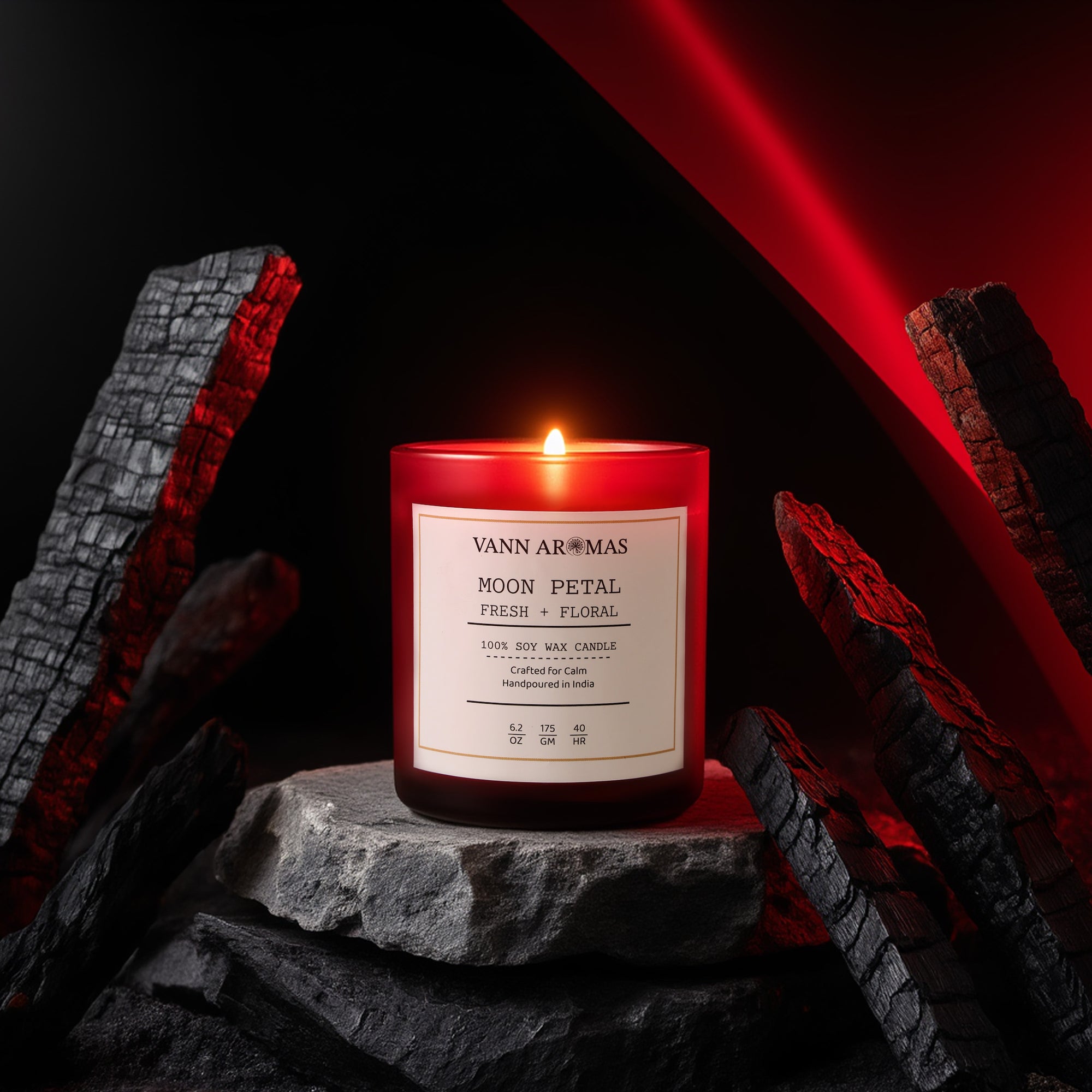 Moon Petal Candle – Fresh + Floral, Red jar, 175 gm