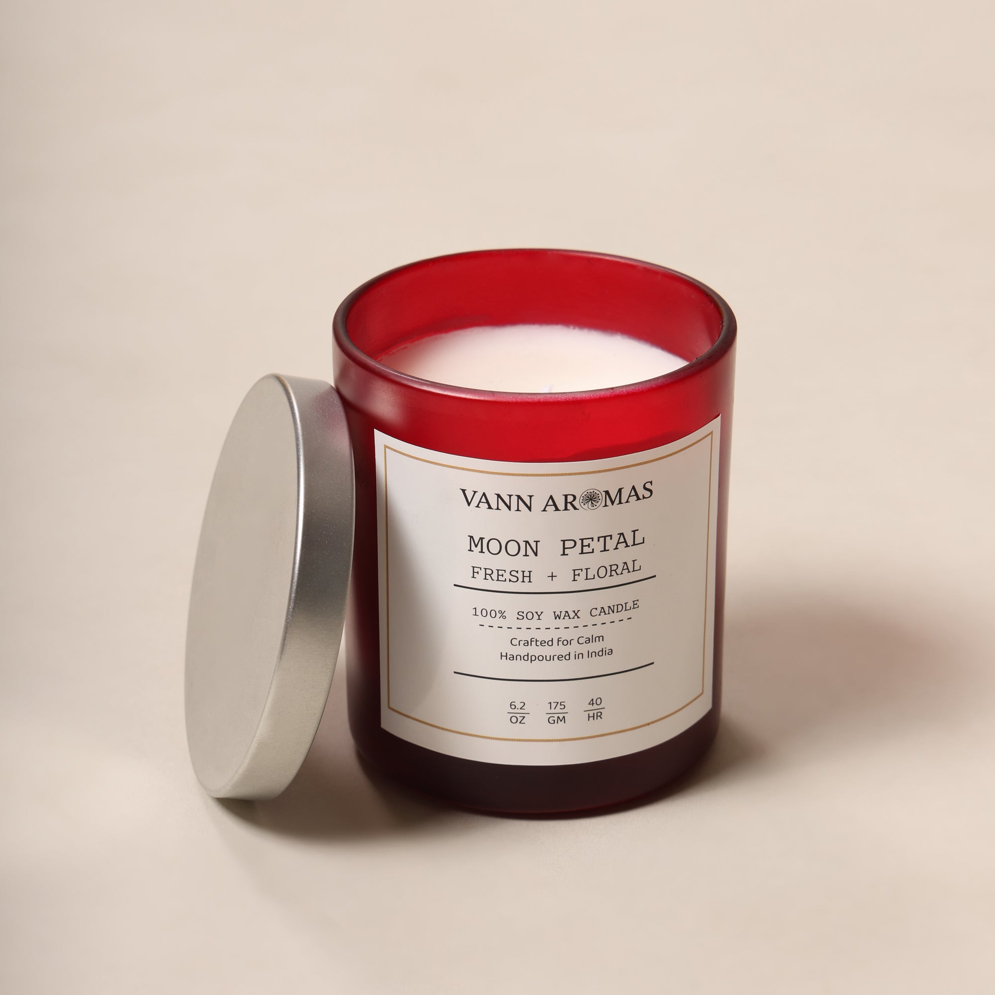 Moon Petal Candle – Fresh + Floral, Red jar, 175 gm