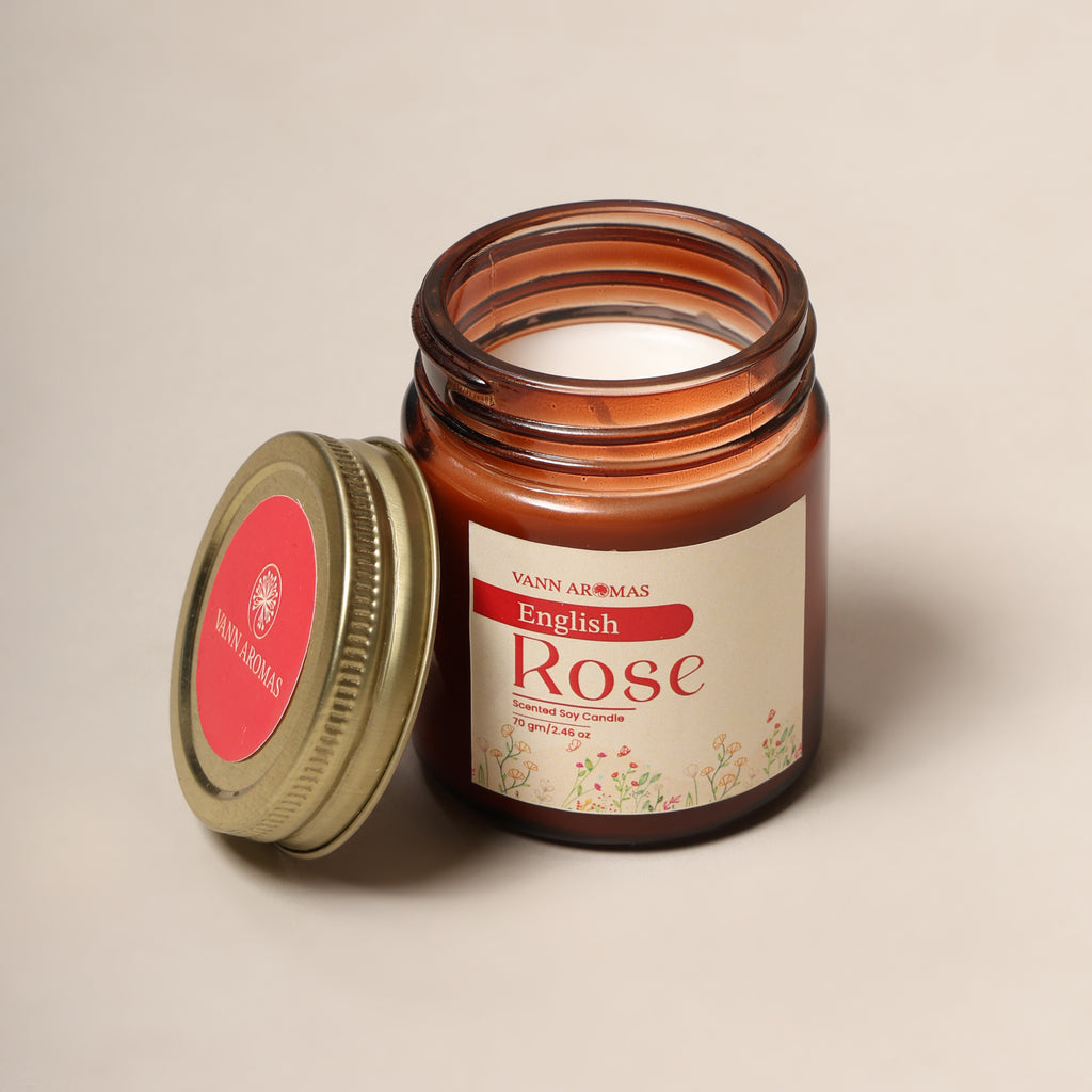 Amber Jar Soy Wax Candles – Pack of 4 (70g each) | English Rose | Arabian Jasmine | French Lavender | Italian lily