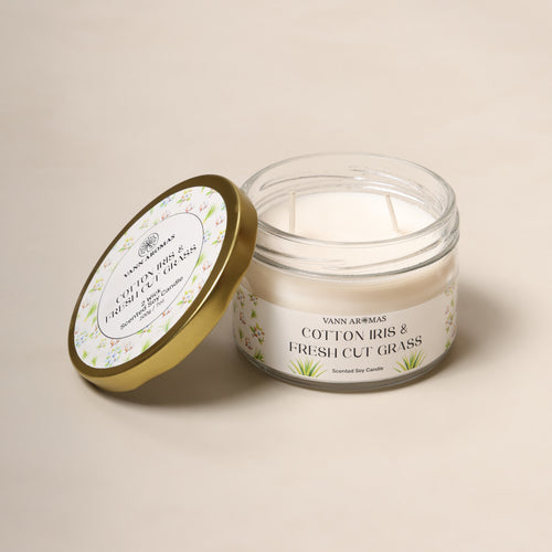 2-Wick Luxury Glass Jar Candle | Cotton Iris & Fresh Cut Grass | Double the Glow, Double the Ambience