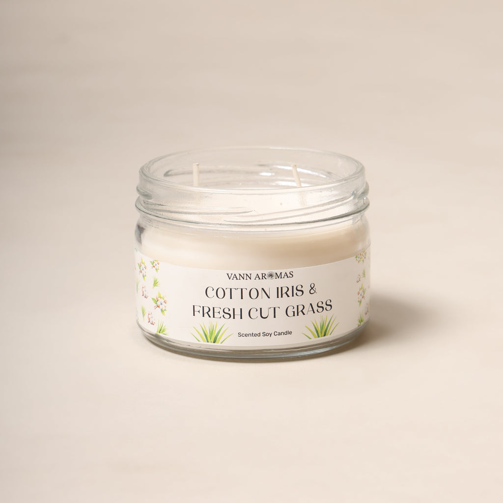2-Wick Luxury Glass Jar Candle | Cotton Iris & Fresh Cut Grass | Double the Glow, Double the Ambience