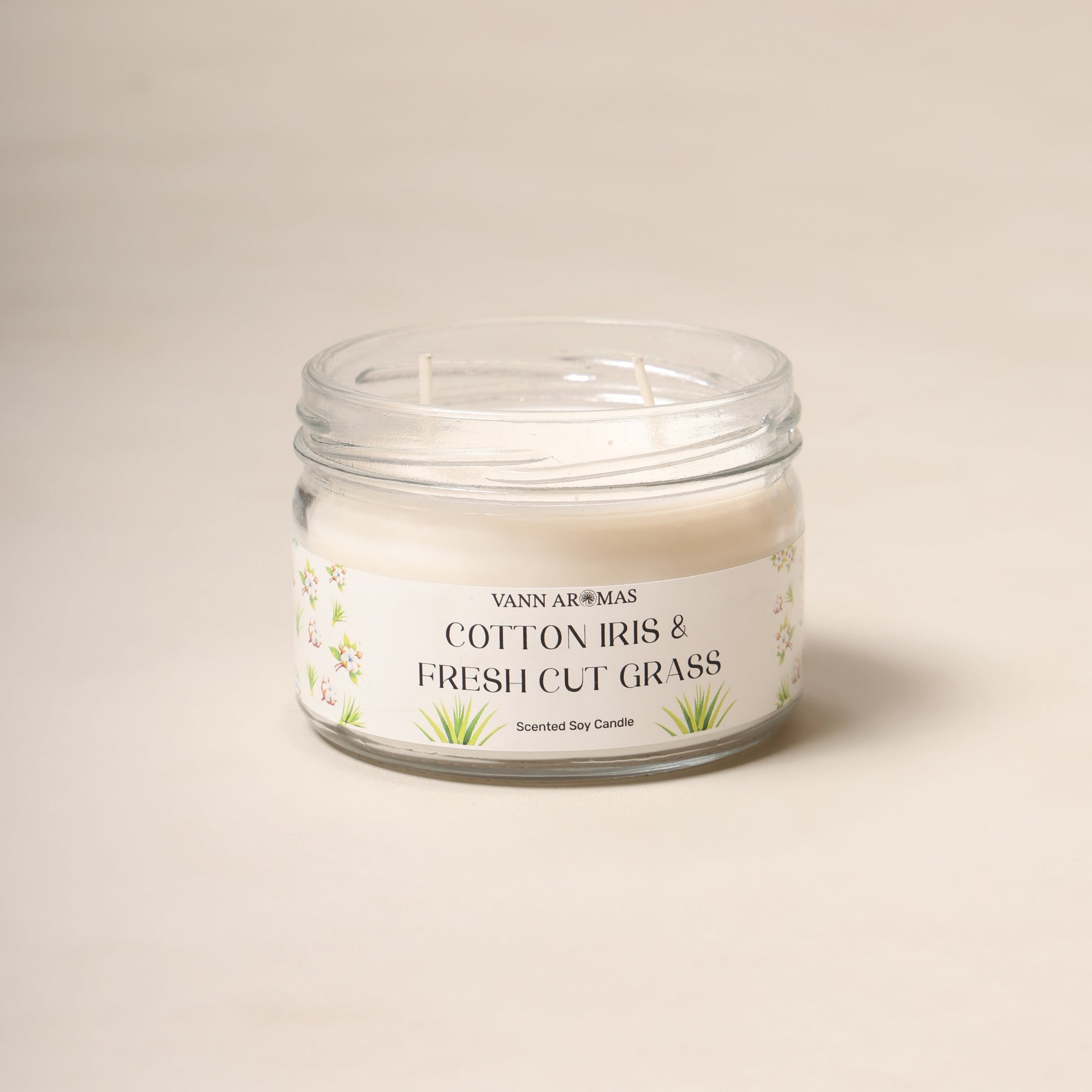 2-Wick Luxury Glass Jar Candle | Cotton Iris & Fresh Cut Grass | Double the Glow, Double the Ambience