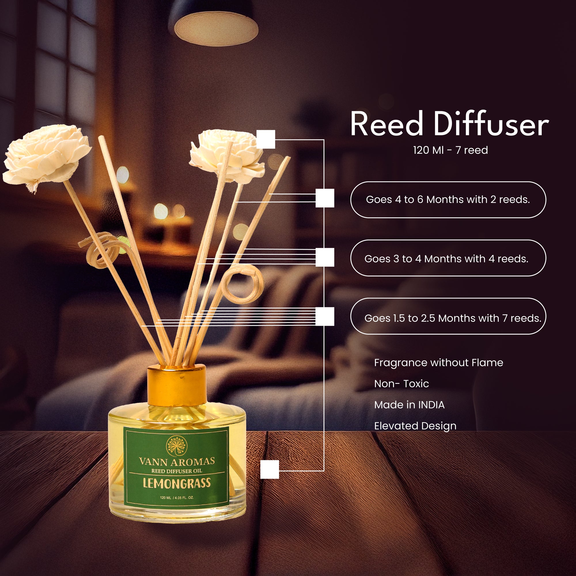 Reed Diffuser  (Pack - 120 ML) | Rose Fragrance | Eco-Friendly with Natural Rattan Sticks