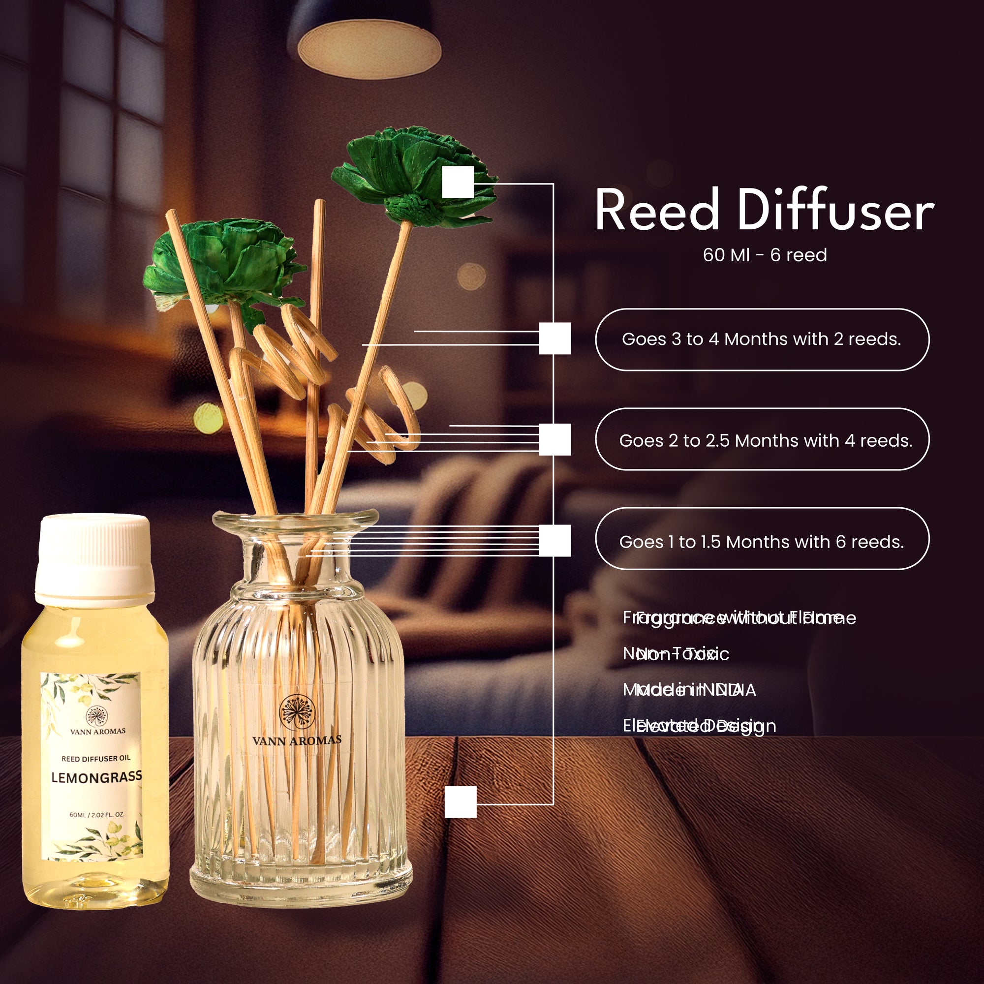 Reed Diffuser  (Pack - 60 ML) | Rose Fragrance | Eco-Friendly with Natural Rattan Sticks