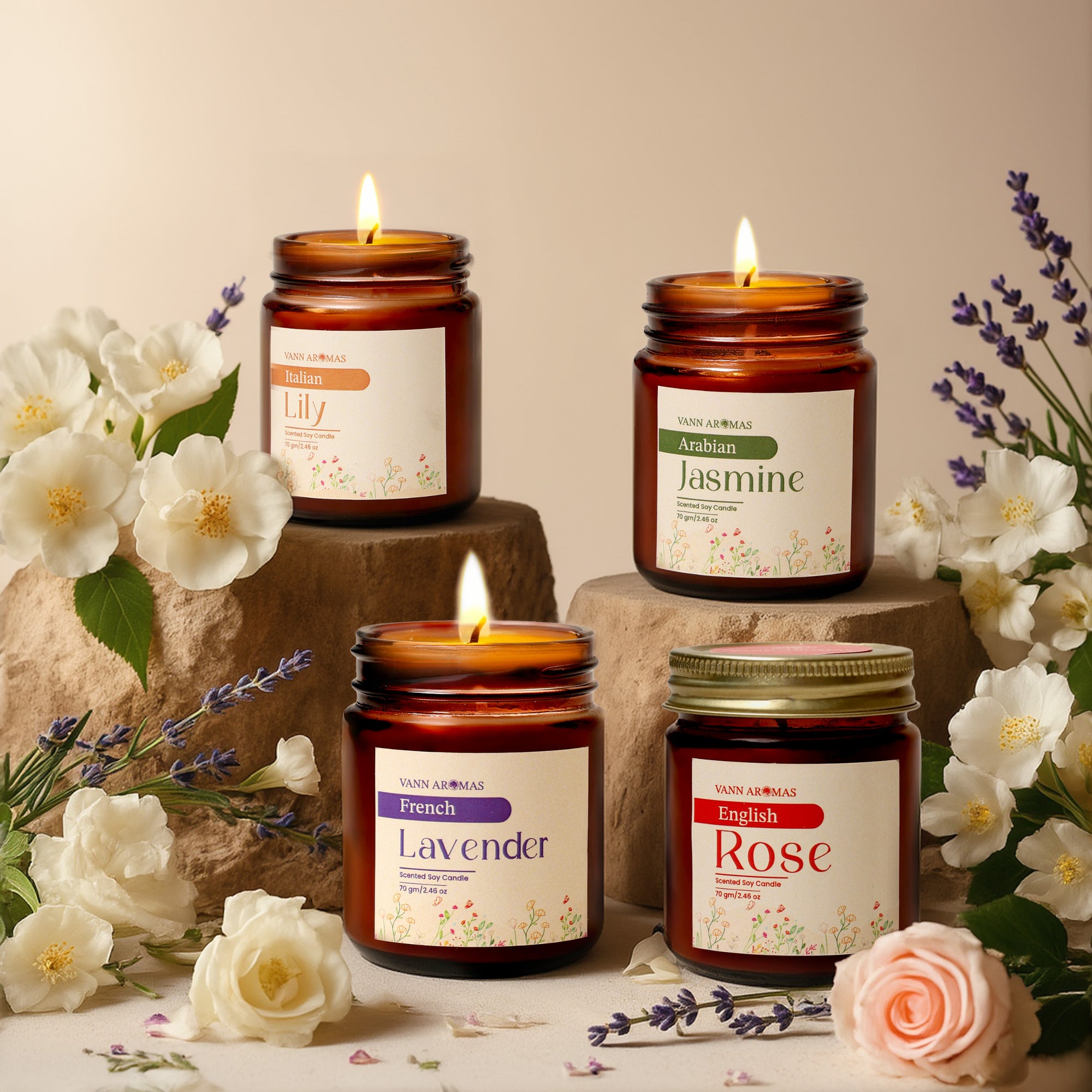 Amber Jar Soy Wax Candles – Pack of 4 (70g each) | English Rose | Arabian Jasmine | French Lavender | Italian lily